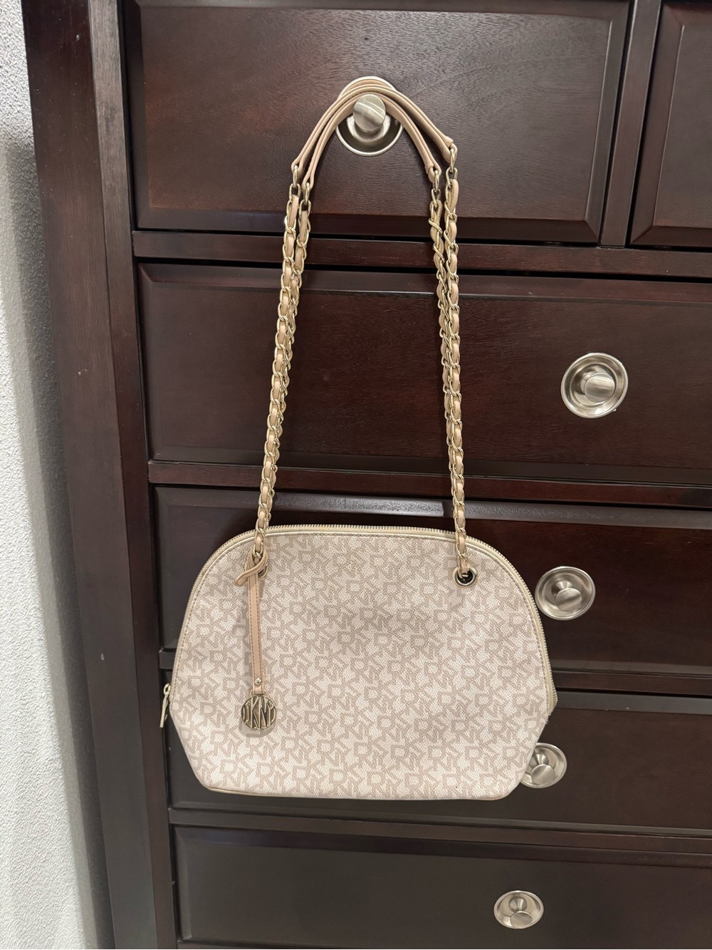DKNY Beige Monogram Chain-Handle Crossbody Satchel